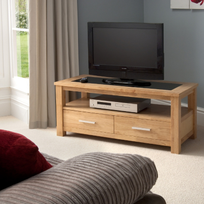 Memphis TV Unit - Black Glass, Natural/ Black