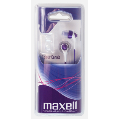    Headphones on Maxell Colour Canalz Headphones Purple Comfortable Inner Ear Buds