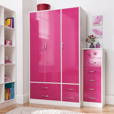 Flamingo Pink 3 Door 4 Drawer Wardrobe