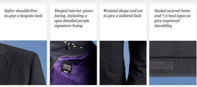 Softer shoulderline to give a bespoke look. Shaped interior piano facing, including a spot detailed purple signature lining. Waisted shape and cut to give a tailored look. Sealed secured hems and half heal tapes to give improved durability