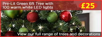 Pre-lit Black 6ft Tree with 100 warm white LED lights, View our full range of trees and decorations