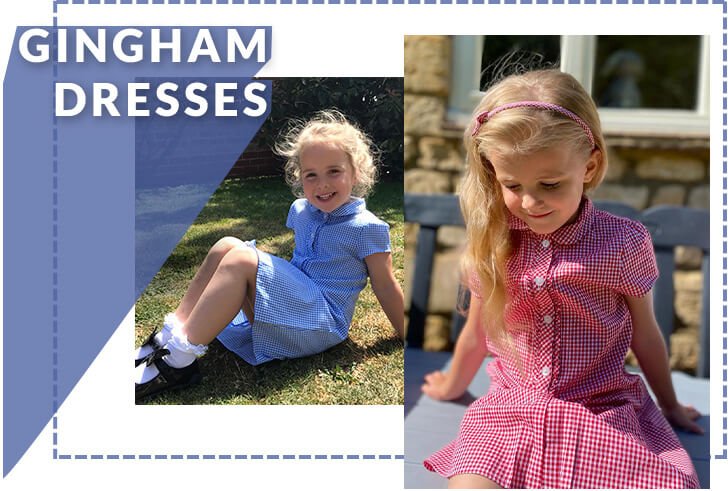 A girl sitting on the grass wearing a blue gingham dress with white frilly socks and black shoes and a girl sitting on a bench wearing a red gingham dress with matching headband