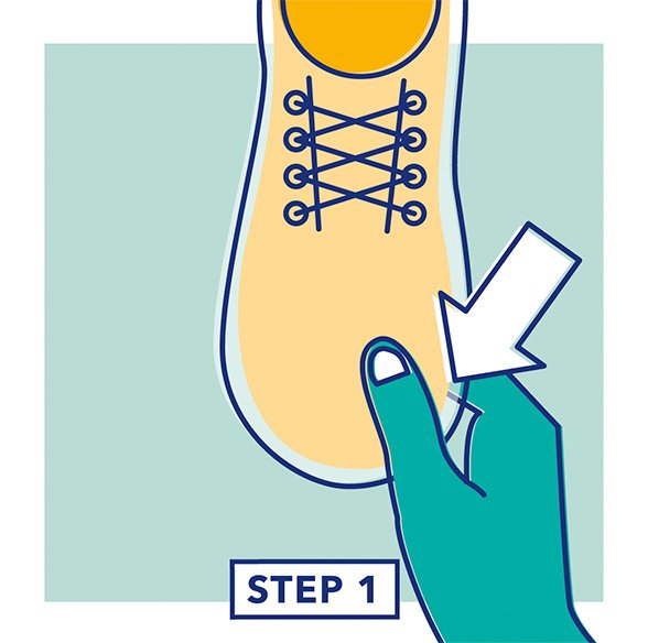 Step 1 - Illustration of a hand testing the fit of the length of a shoe