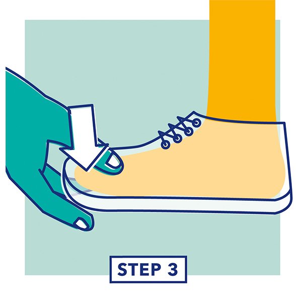 Step 3 - Illustration of a hand testing the fit of the depth of a shoe