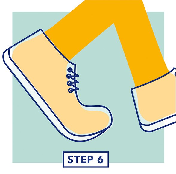 Step 6 - Illustration of a child testing the fit of their shoes by walking in them