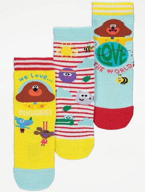 Three pack of Hey Duggee yellow, blue and red socks.