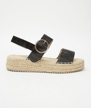 Black mock croc strappy flatform jute sandals