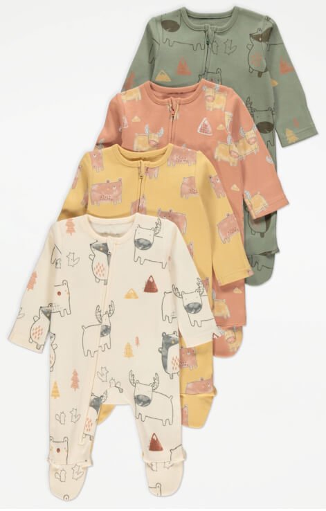 Four animal pattern onesies in cream, yellow, orange and green.