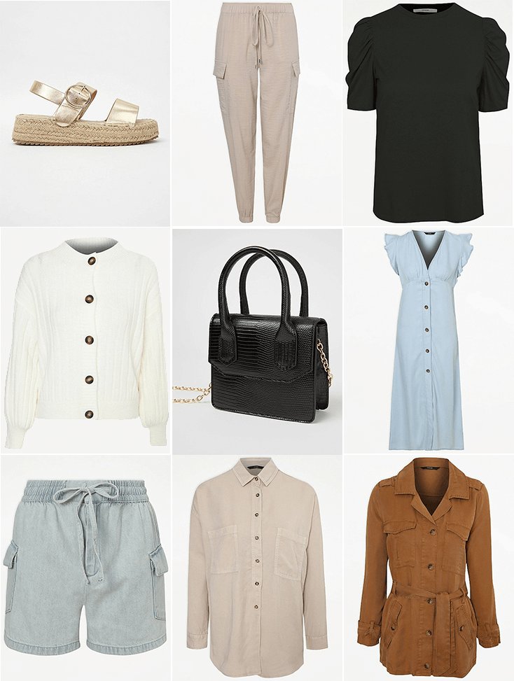 A grid of capsule wardrobe items including tops, shorts, sandals and jackets