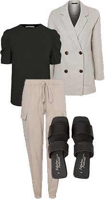 Stone double breasted blazer, black puff sleeve top, nude sheen cargo joggers, and black mule sandals