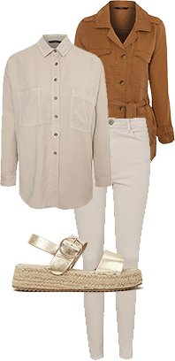 Tan jacket, natural longline shirt, cream trousers and gold flatform sandals