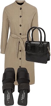 Beige button front utility dress with a black lizard print bag and black mule sandals