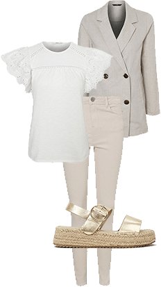 Stone double breasted blazer, a white broderie sleeve shirt and gold flatform sandals