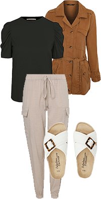 Tan belted jacket, black puff sleeve top, nude sheen cargo joggers and white crossover sandals