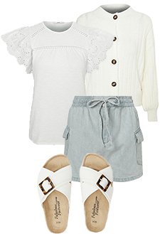 Cream cardigan, white broderie sleeve shirt, light blue denim utility shorts and white crossover sandals