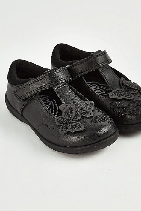 Black Leather Butterfly T-Bar Shoes.