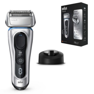 Braun Series 8 8350s, Electric Shaver, Rechargeable and Cordless Razor, Silver, Charging Stand and Fabric Travel Case, Wet and Dry, Foil Shaver, Li-lon Battery for Longer Lasting Shaving (60 min), 100% Waterproof, Silver
