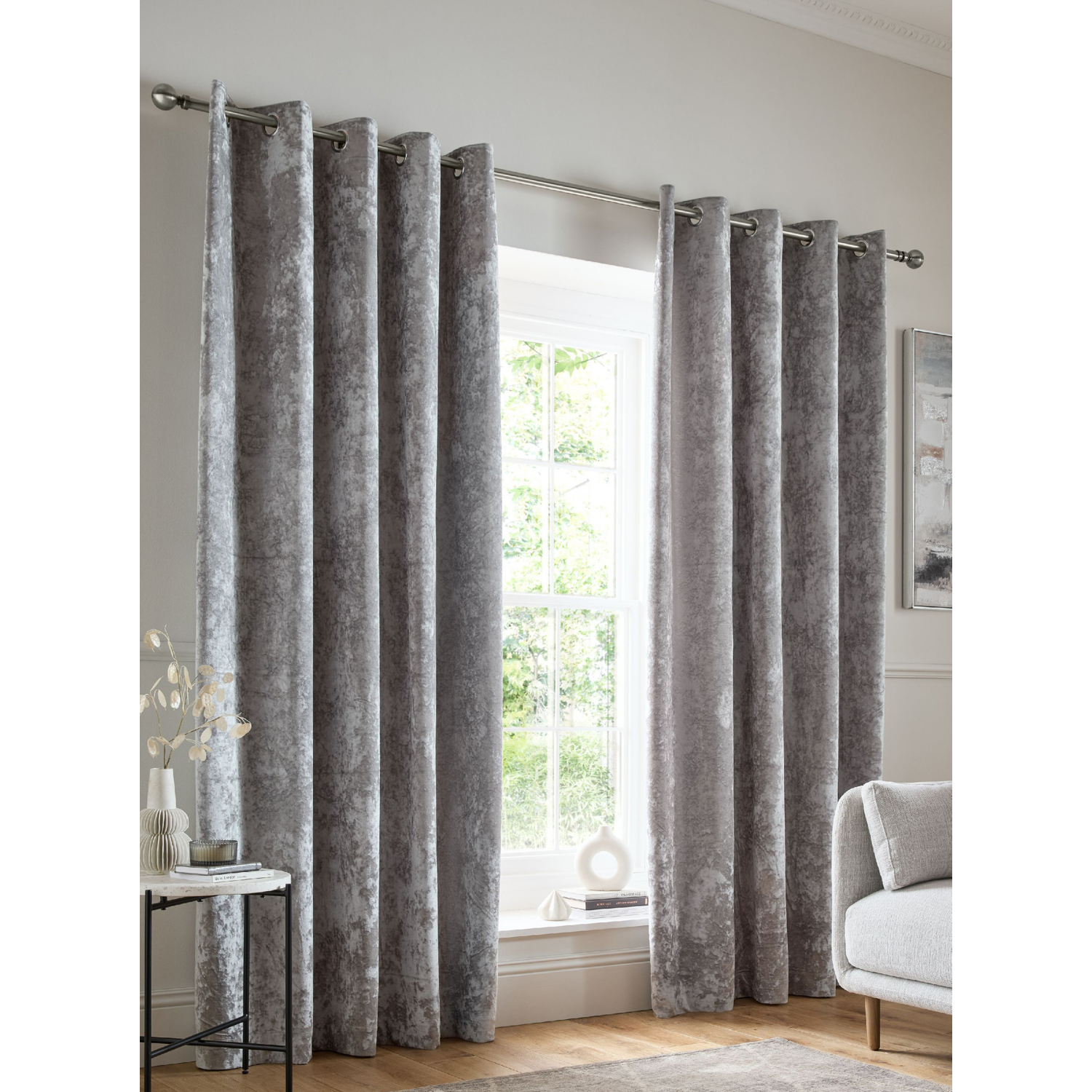 Cat Silver Catherine Lansfield Crushed Velvet Eyelet Curtains