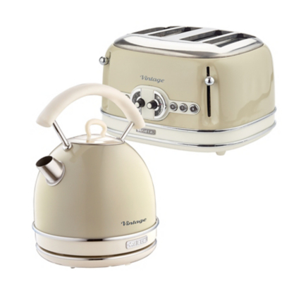 Ariete - ARPK39 Retro Style Dome Kettle and 4 Slice Toaster Set, Vintage Design, Cream, Stainless Steel