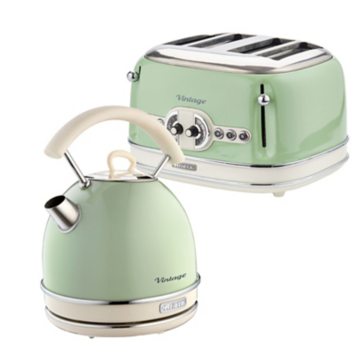 Ariete - ARPK40 Retro Style Dome Kettle and 4 Slice Toaster Set, Vintage Design, Green, Stainless Steel