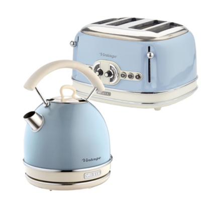 Ariete - ARPK41 Retro Style Dome Kettle and 4 Slice Toaster Set, Vintage Design, Blue, Stainless Steel