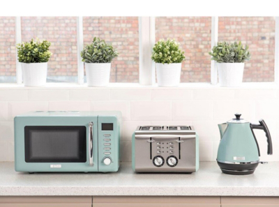 sage green kettle toaster and microwave