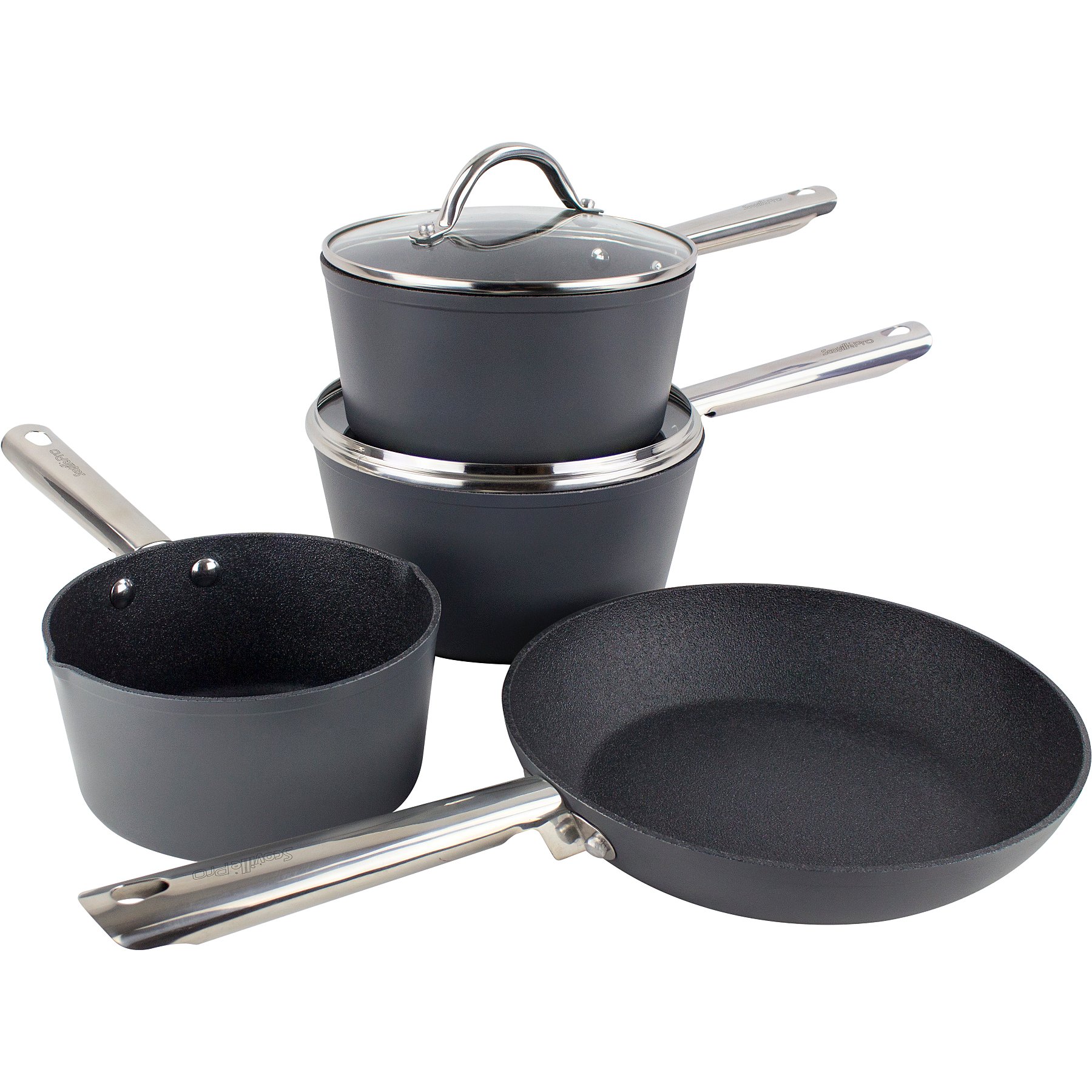Scoville Never-stick Cookware Set 5 Piece 3 sauce pans 2 fry pans and 2 lids 