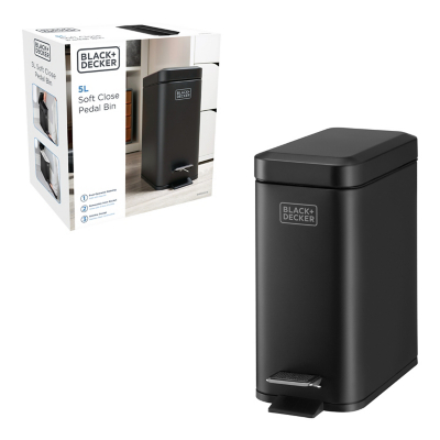 George Black and Decker 5L Black Pedal Bin with Soft Close Lid - Black