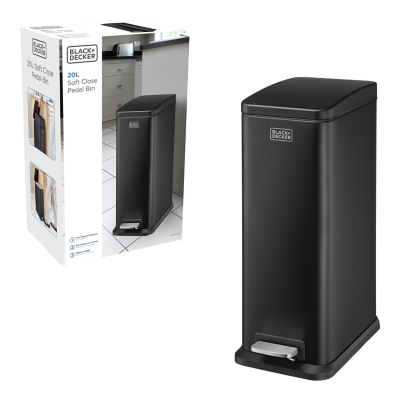 George Black and Decker 20L Black Slimline Pedal Bin with Soft Close Lid - Black