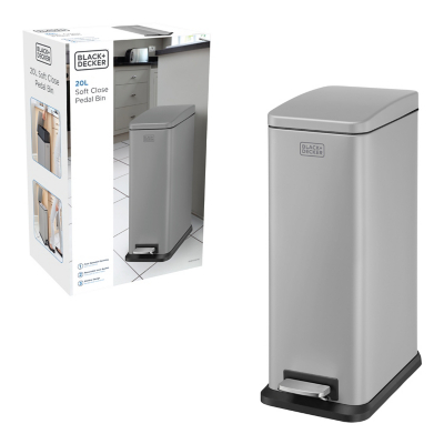 George Black and Decker 20L Grey Slimline Pedal Bin with Soft Close Lid - Grey