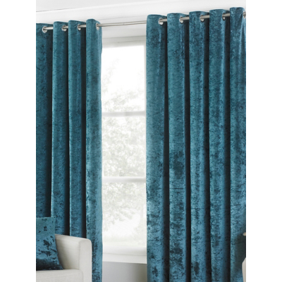 Paoletti Verona Fully Lined Crushed Velvet Eyelet Curtains Teal 229cm width 183cm drop, Green