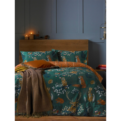 Furn. Forest Fauna Single Duvet Cover Set Cotton Polyester Emerald, Green
