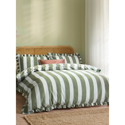 Wylder Nature Birdie Stripe Ruffle Duvet Cover Set, Single, Baygreen/Mist, Green