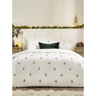 Wylder Winter Forest 100% Cotton Embroidered Duvet Cover Set, Single, White/Forest Green, White