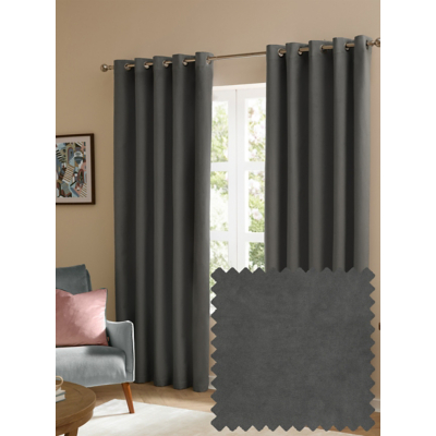 Furn The Ultimate Velvet Textured Woven Eyelet Curtains Charcoal 117Cm Width 137Cm Drop, Grey