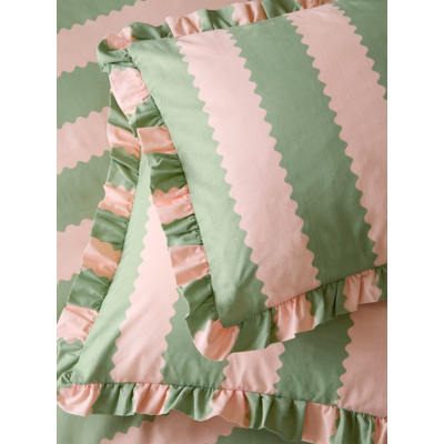 George Wylder Pink & Green Birdie Stripe Ruffle Pillowcase Pair - Pink & Green