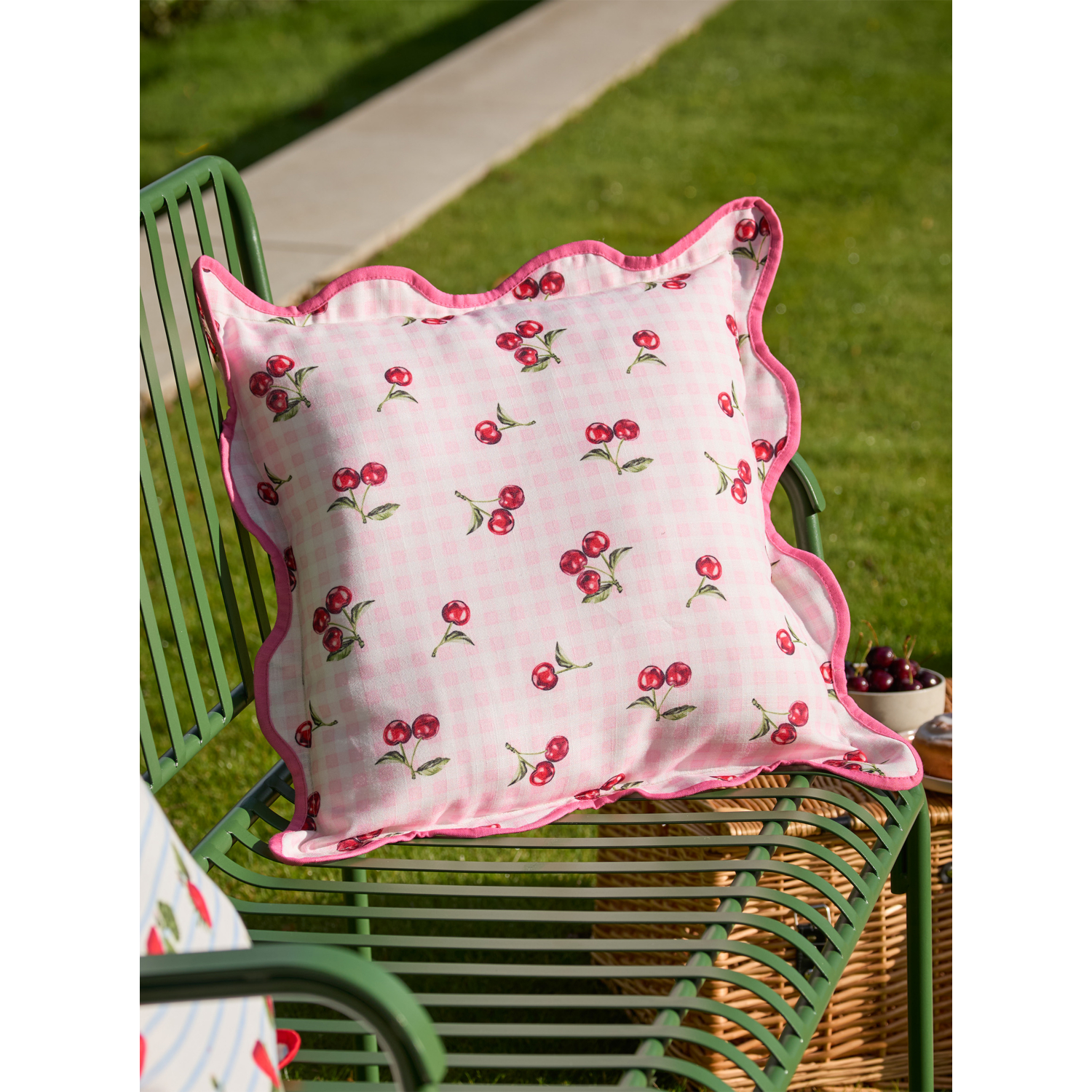 George Pink Furn Fruits Cherries Gingham Outdoor Cushion