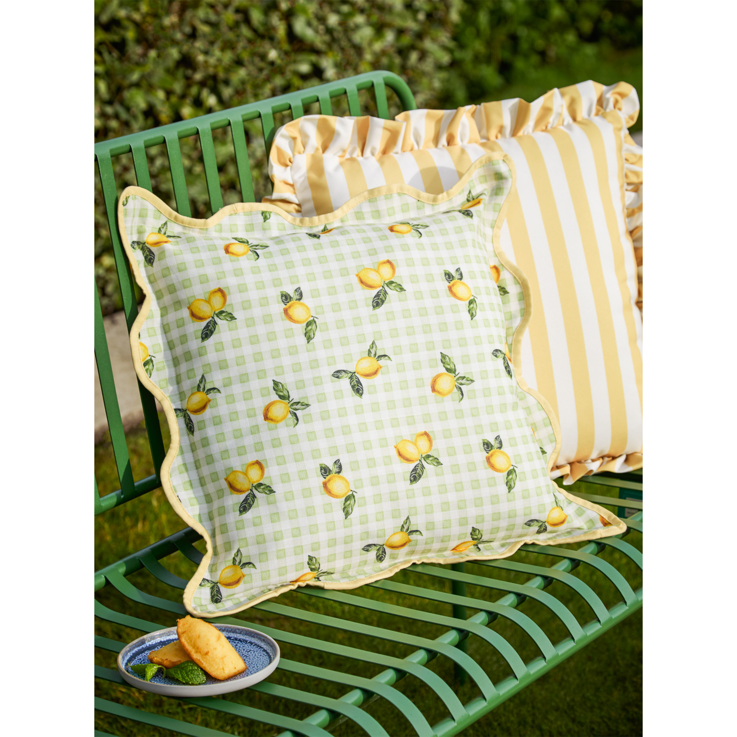 George Sage Green Furn Fruits Lemons Gingham Outdoor Cushion