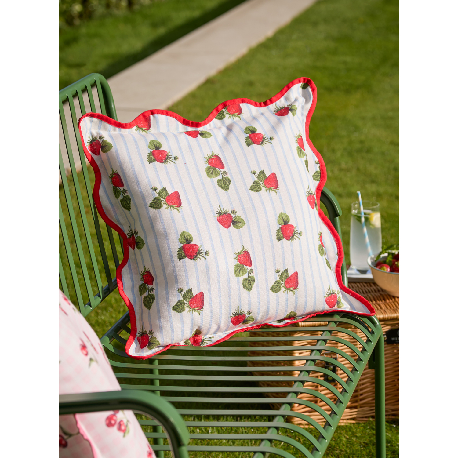 George Blue Furn Fruits Strawberries Striped Outdoor Cushion
