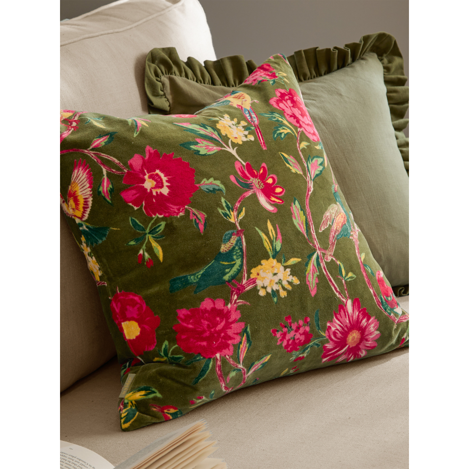 Avia Green Wylder Aviary 100% Cotton Velvet Cushion