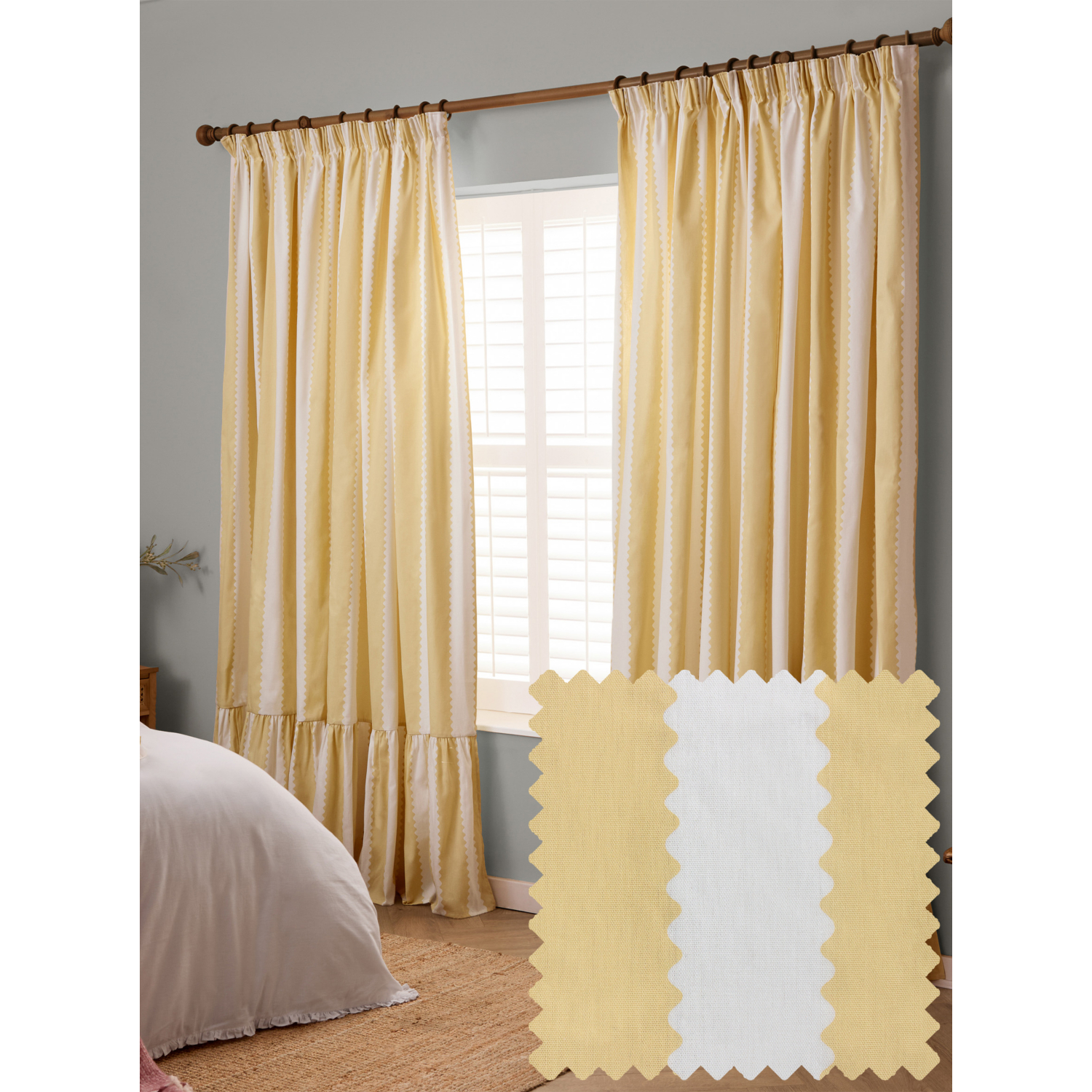 George Yellow Wylder Birdie Stripe Lined Ruffle Pencil Pleat Curtains