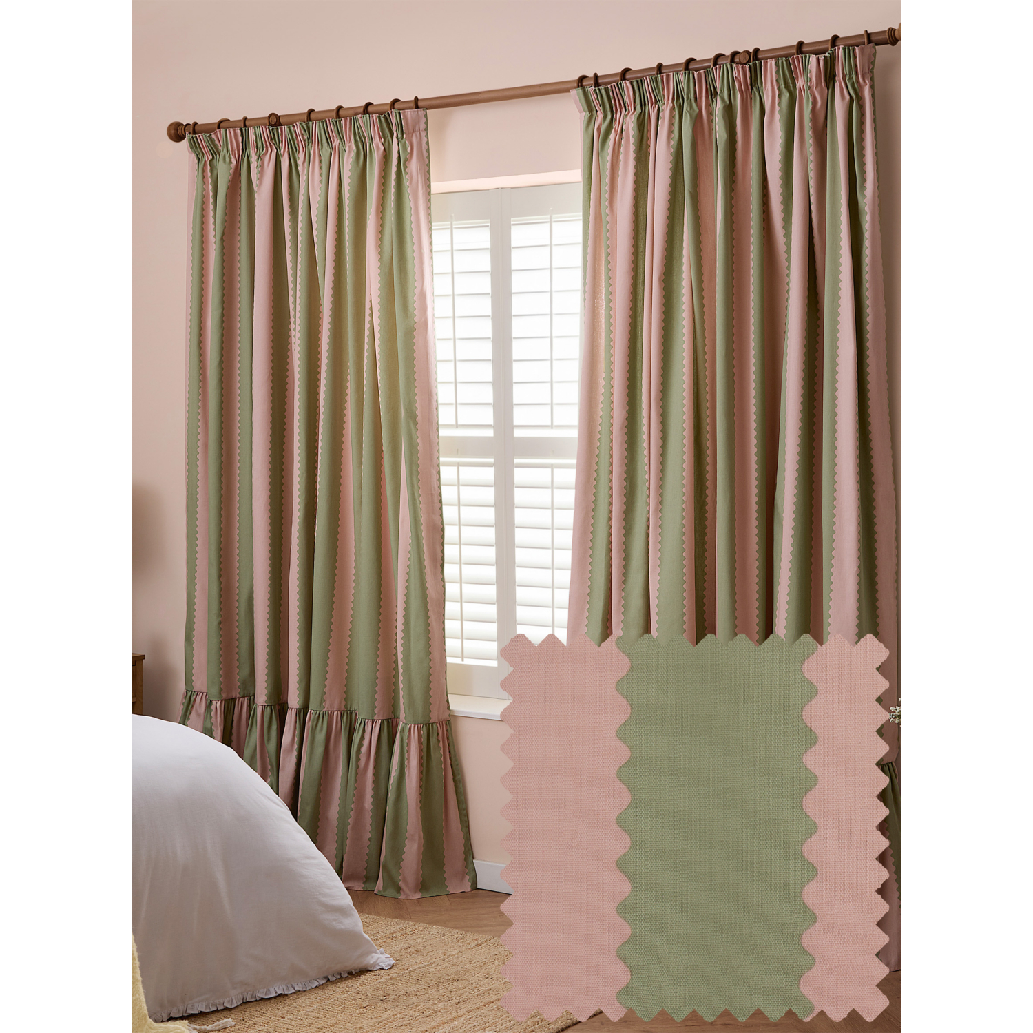 George Pink & Green Wylder Birdie Stripe Lined Ruffle Pencil Pleat Curtains