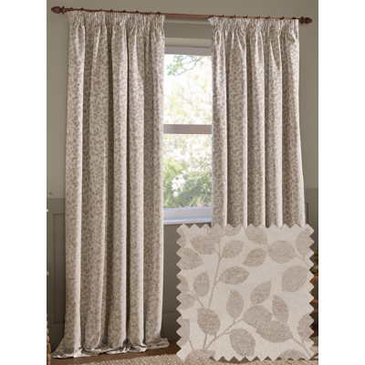 Wylder Grace Leaf Jacquard Room Darkening Pencil Pleat Curtains Natural 117Cm Width 183Cm Drop, Cream