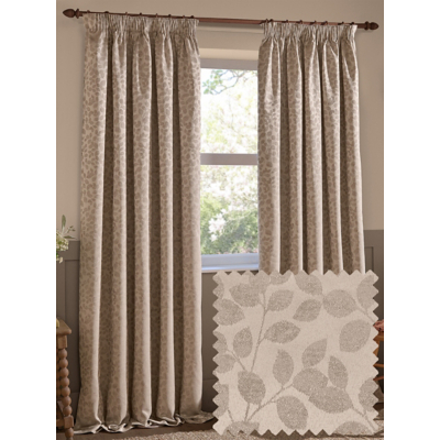 Wylder Grace Leaf Jacquard Room Darkening Pencil Pleat Curtains Taupe 168Cm Width 183Cm Drop, Grey