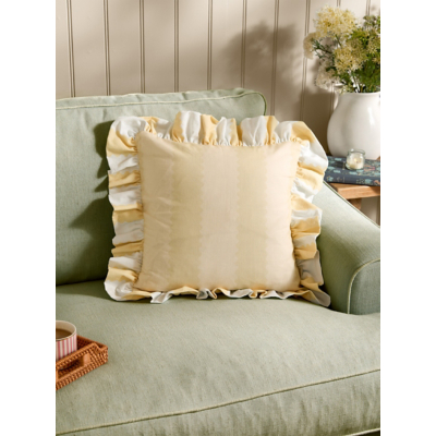 Birdie Stripe Ruffle Cushion - Lemon/Sky - Butter Yellow / Polyester