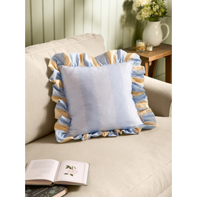 Birdie Stripe Ruffle Cushion - Lemon/Sky - Lemon/Sky / Polyester