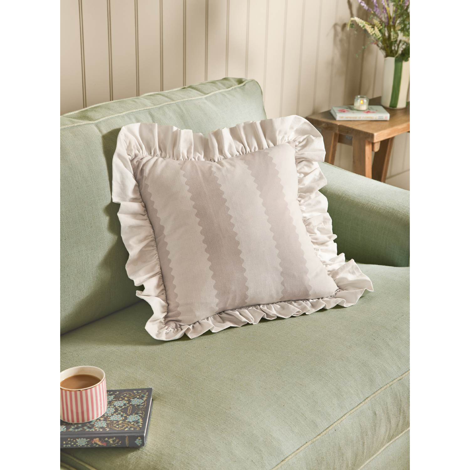 George Natural Wylder Birdie Stripe Ruffle Cushion