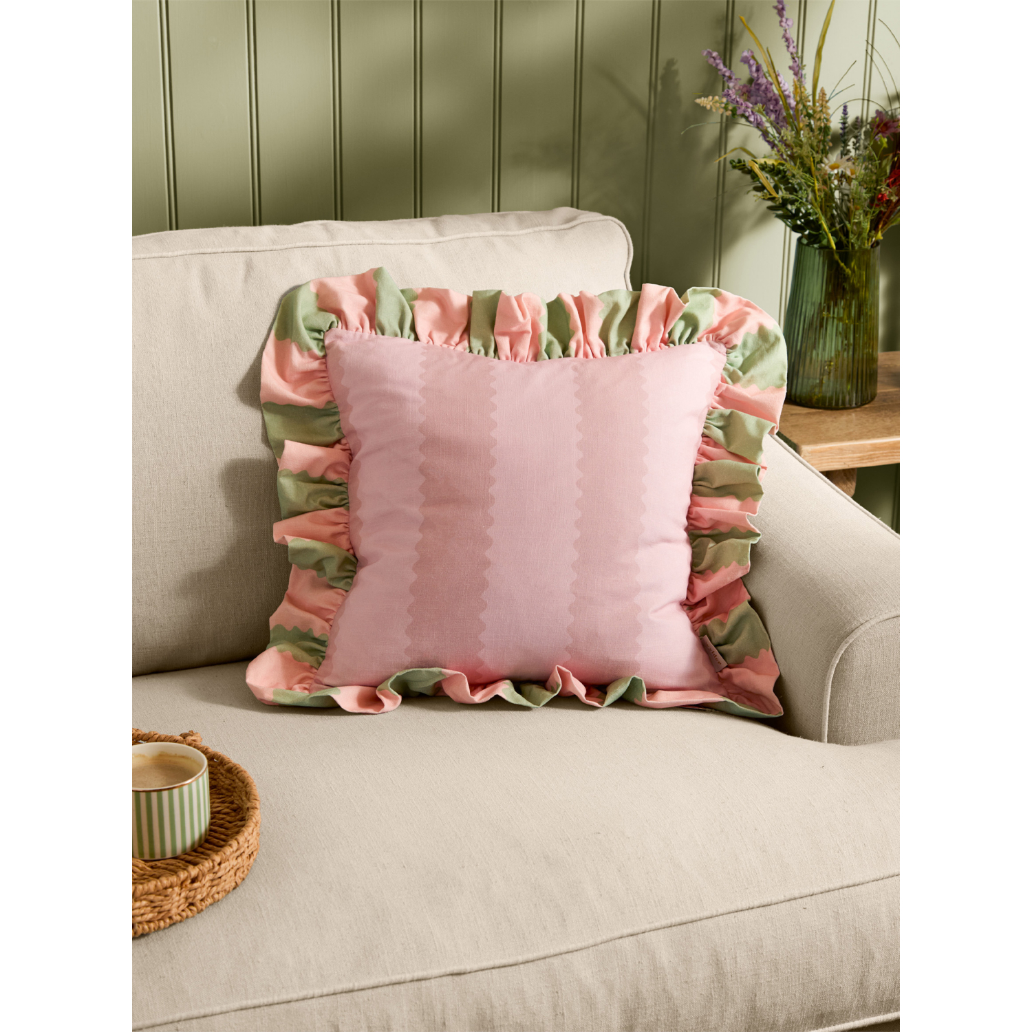 George Pink & Green Wylder Birdie Stripe Ruffle Cushion