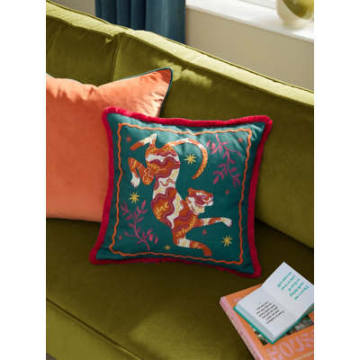 Les Animaux Tigeress Tufted Cushion - Emerald - Emerald / Polyester