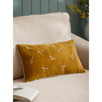 Ramble Bees Embroidered Velvet Cushion - Honey - Honey / Polyester
